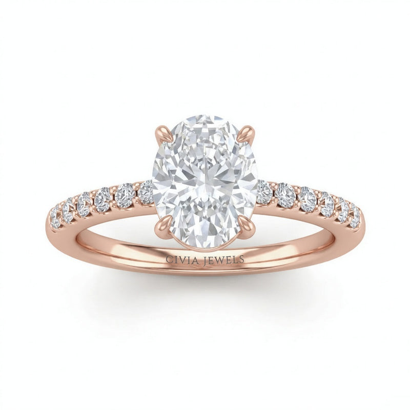 Rose Gold Oval Diamond Solitaire Engagement Ring With Classic Pave Band