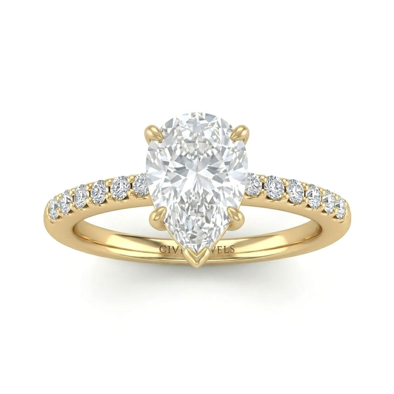 Yellow Gold Pear Diamond Solitaire Engagement Ring With Graduated Pave Band