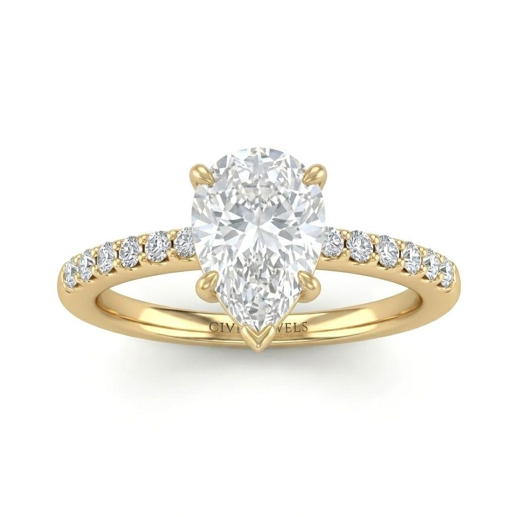 Yellow Gold Pear Diamond Solitaire Engagement Ring With Graduated Pave Band