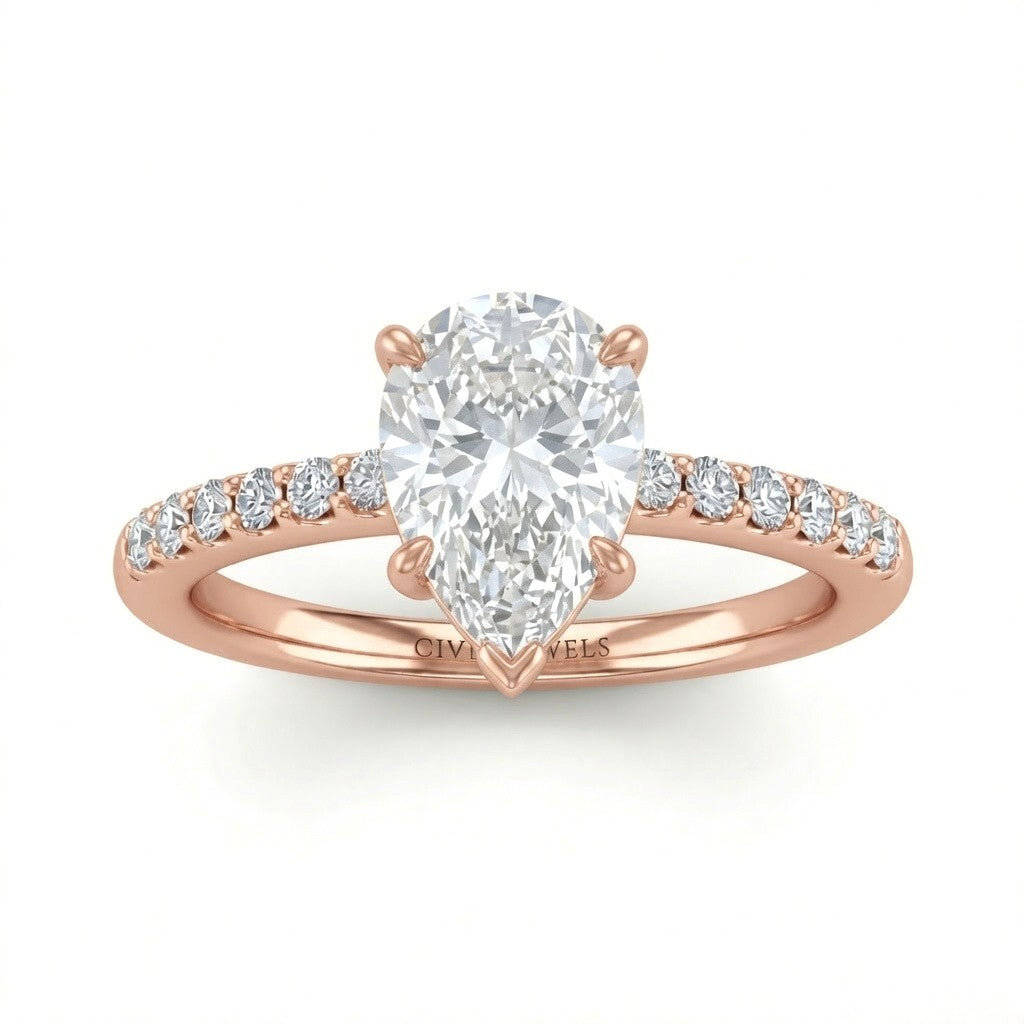 Rose Gold Pear Diamond Solitaire Engagement Ring With Classic Pave Band