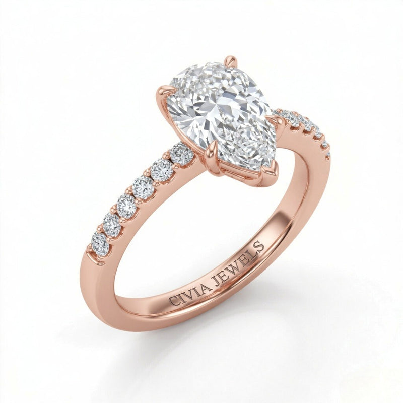 Rose Gold Pear Diamond Solitaire Engagement Ring With Classic Pave Band