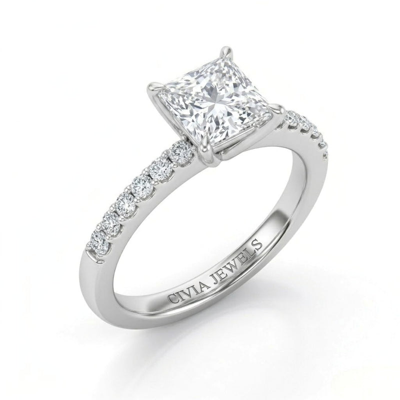 Silver Princess Diamond Solitaire Engagement Ring With Graduated Pave Band