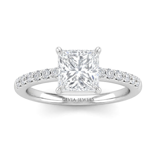 White Gold Princess Diamond Solitaire Engagement Ring With Classic Pave Band