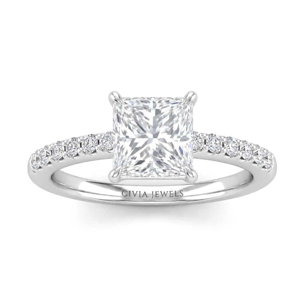 Silver Princess Diamond Solitaire Engagement Ring With Classic Pave Band