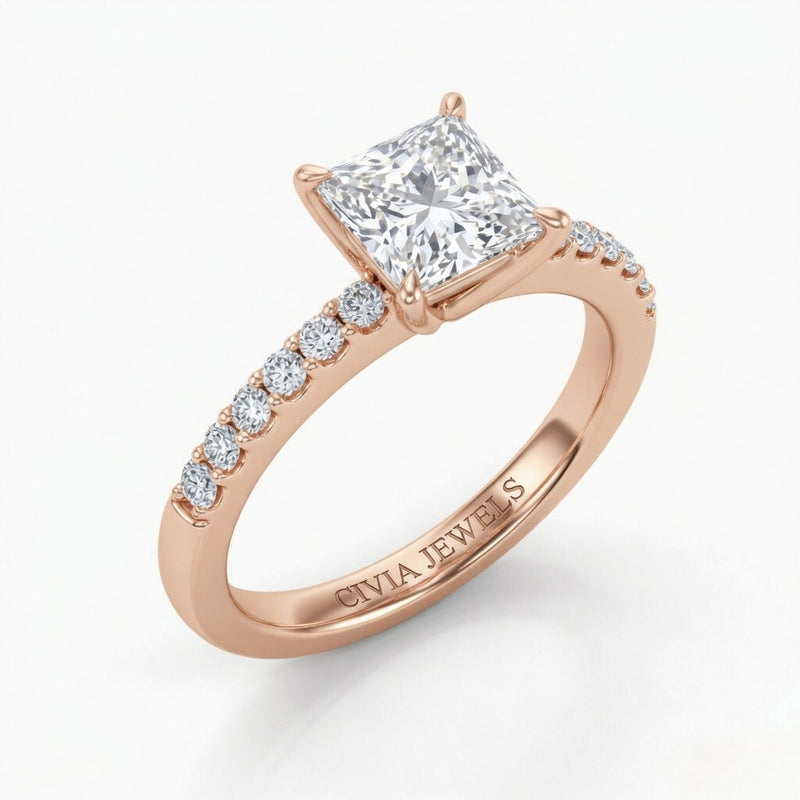 Rose Gold Princess Diamond Solitaire Engagement Ring With Graduated Pave Band