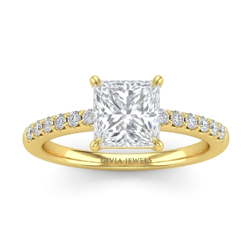 Yellow Gold Princess Diamond Solitaire Engagement Ring With Graduated Pave Band