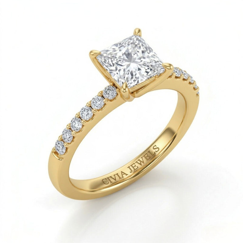 Yellow Gold Princess Diamond Solitaire Engagement Ring With Classic Pave Band