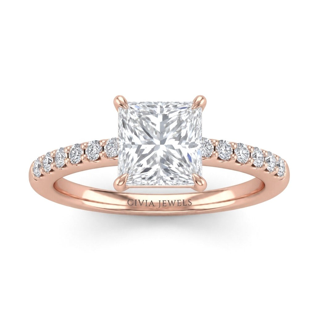 Rose Gold Princess Diamond Solitaire Engagement Ring With Graduated Pave Band