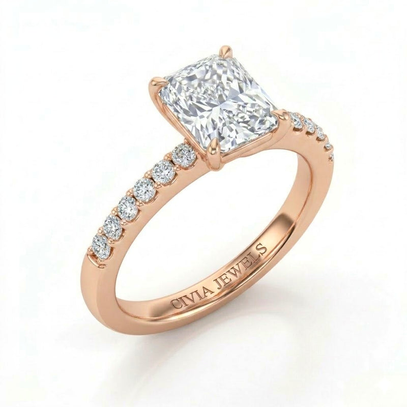 Rose Gold Radiant Diamond Solitaire Engagement Ring With Graduated Pave Band