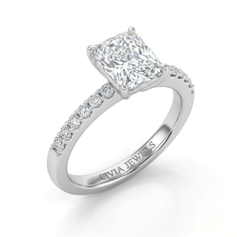 Silver Radiant Diamond Solitaire Engagement Ring With Classic Pave Band