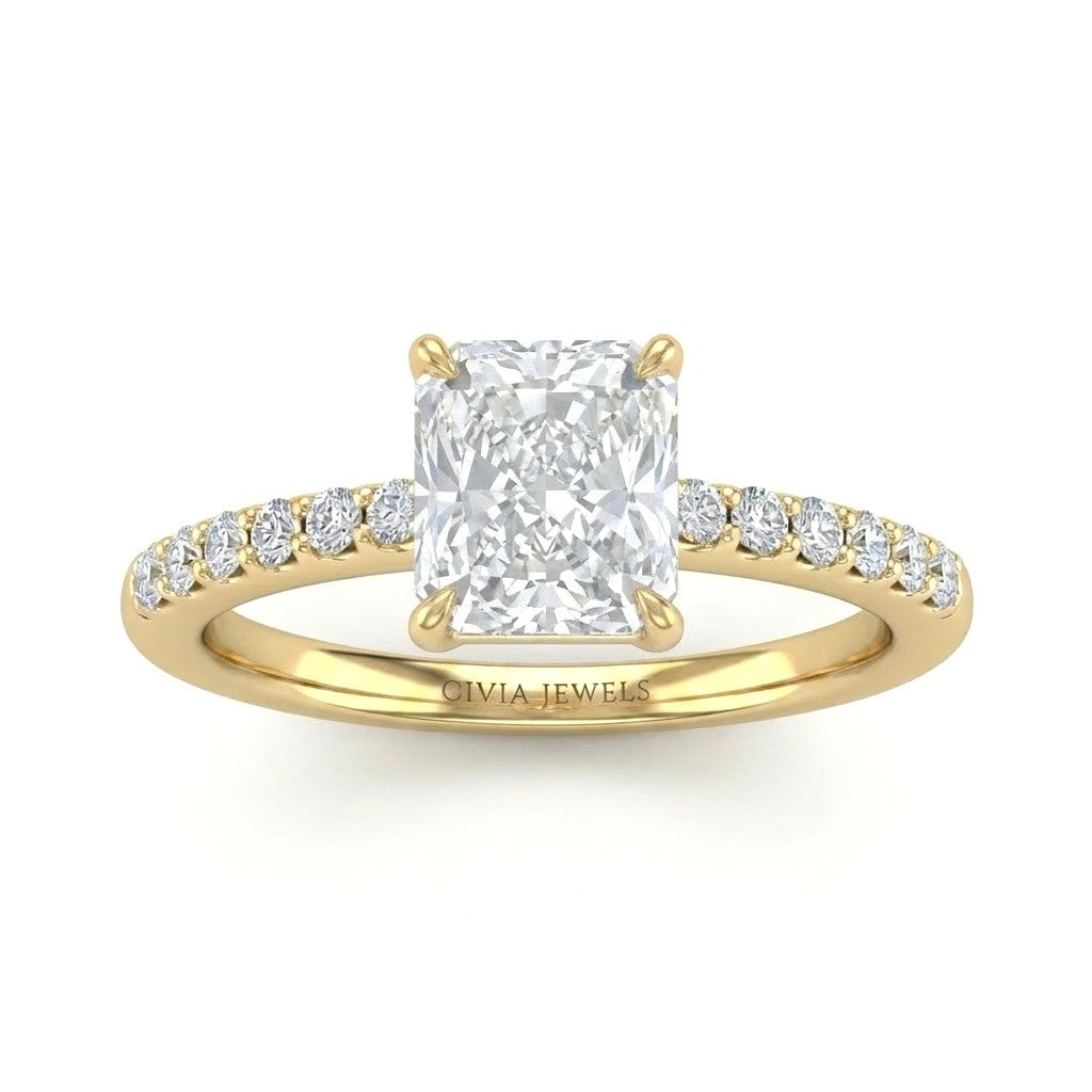 Yellow Gold Radiant Diamond Solitaire Engagement Ring With Graduated Pave Band