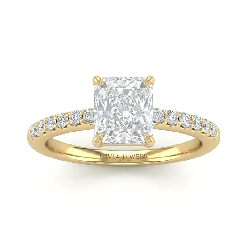 Yellow Gold Radiant Diamond Solitaire Engagement Ring With Classic Pave Band