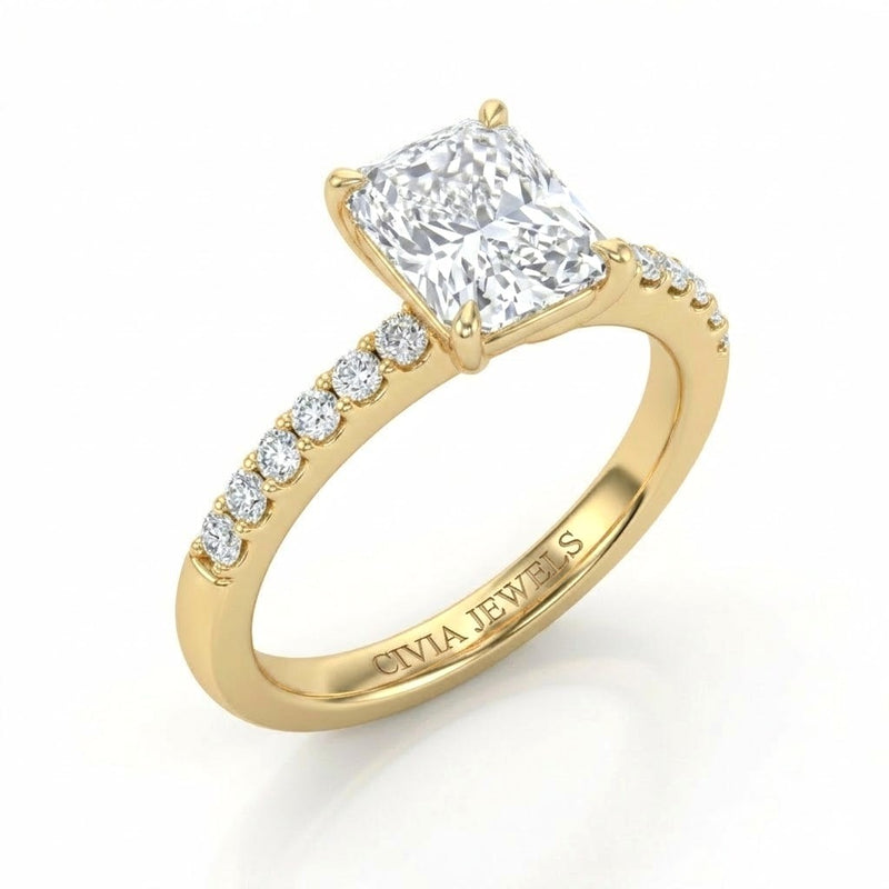 Yellow Gold Radiant Diamond Solitaire Engagement Ring With Graduated Pave Band