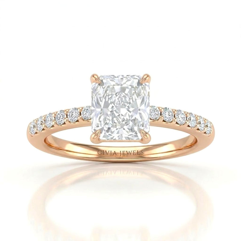 Rose Gold Radiant Diamond Solitaire Engagement Ring With Graduated Pave Band