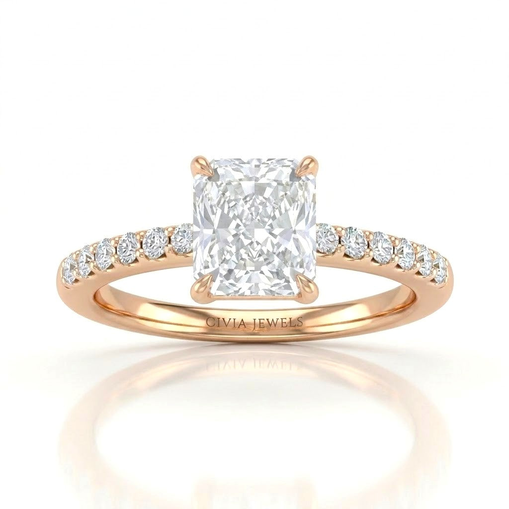 Rose Gold Radiant Diamond Solitaire Engagement Ring With Graduated Pave Band