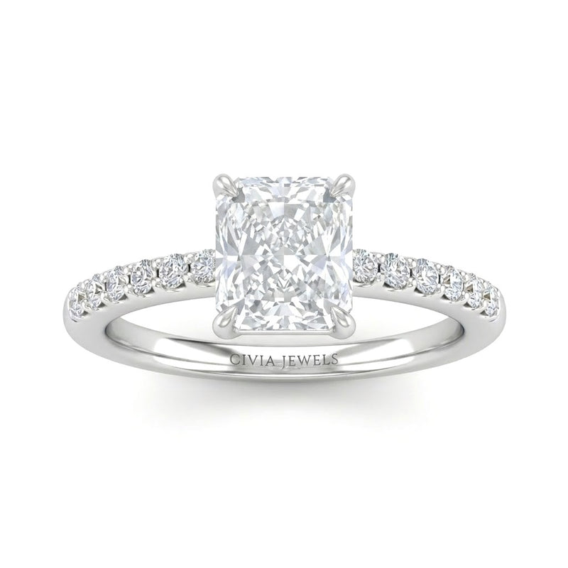 White Gold Radiant Diamond Solitaire Engagement Ring With Classic Pave Band