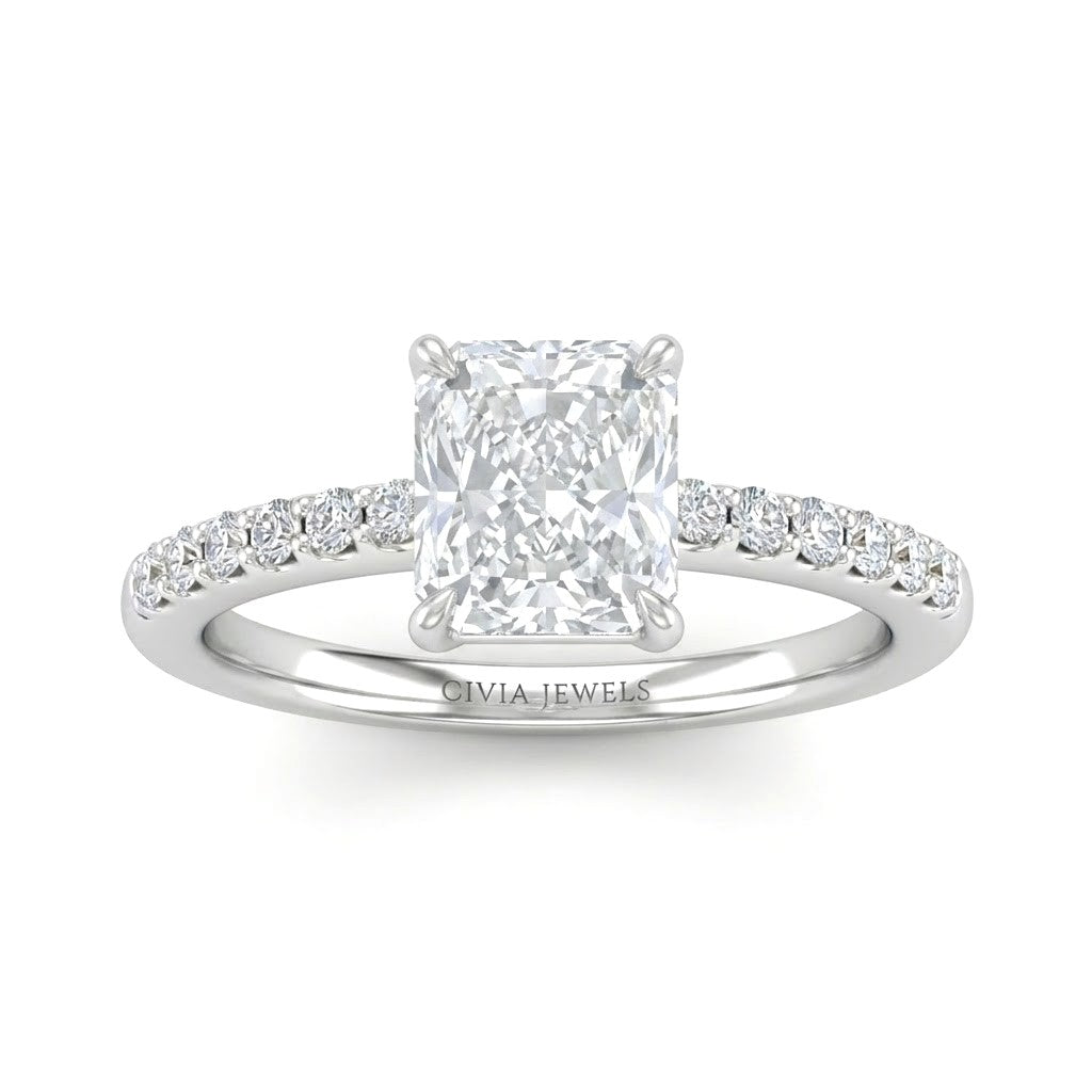 Silver Radiant Diamond Solitaire Engagement Ring With Graduated Pave Band