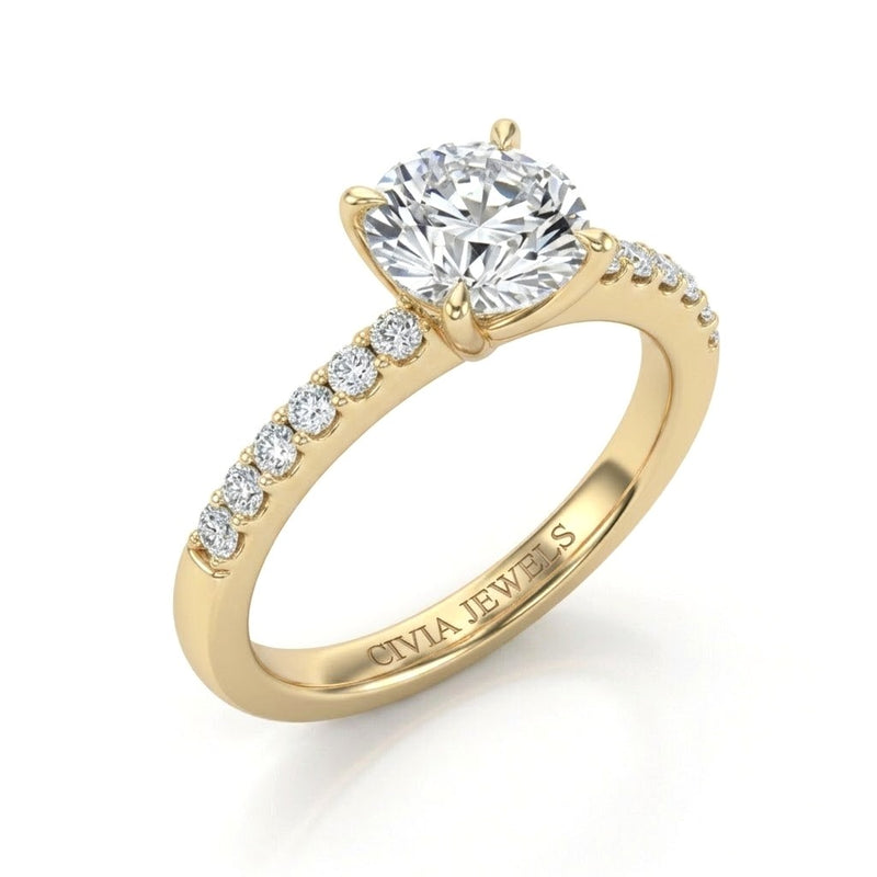 Yellow Gold Round Diamond Solitaire Engagement Ring With Graduated Pave Band
