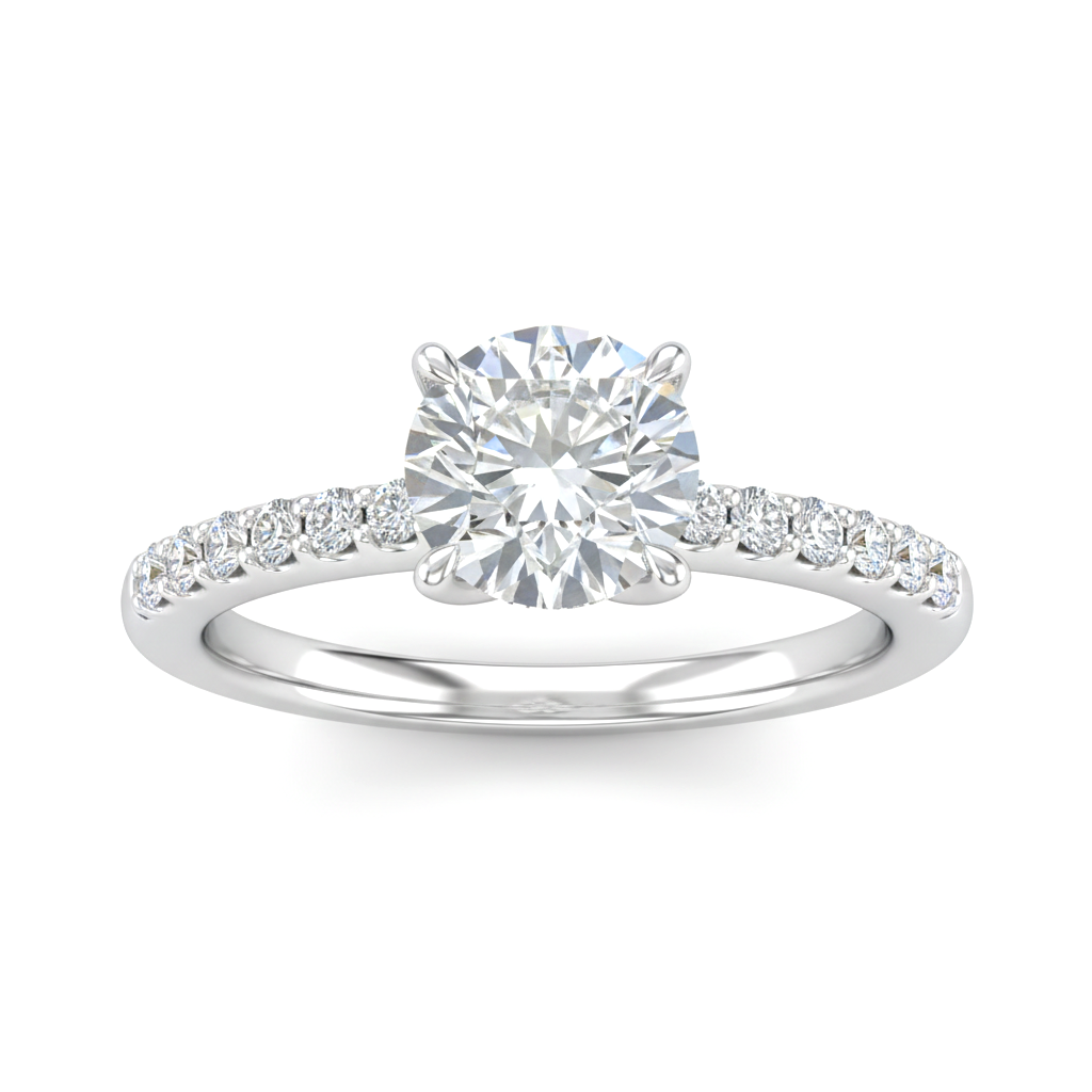 Silver Round Diamond Solitaire Engagement Ring With Classic Pave Band
