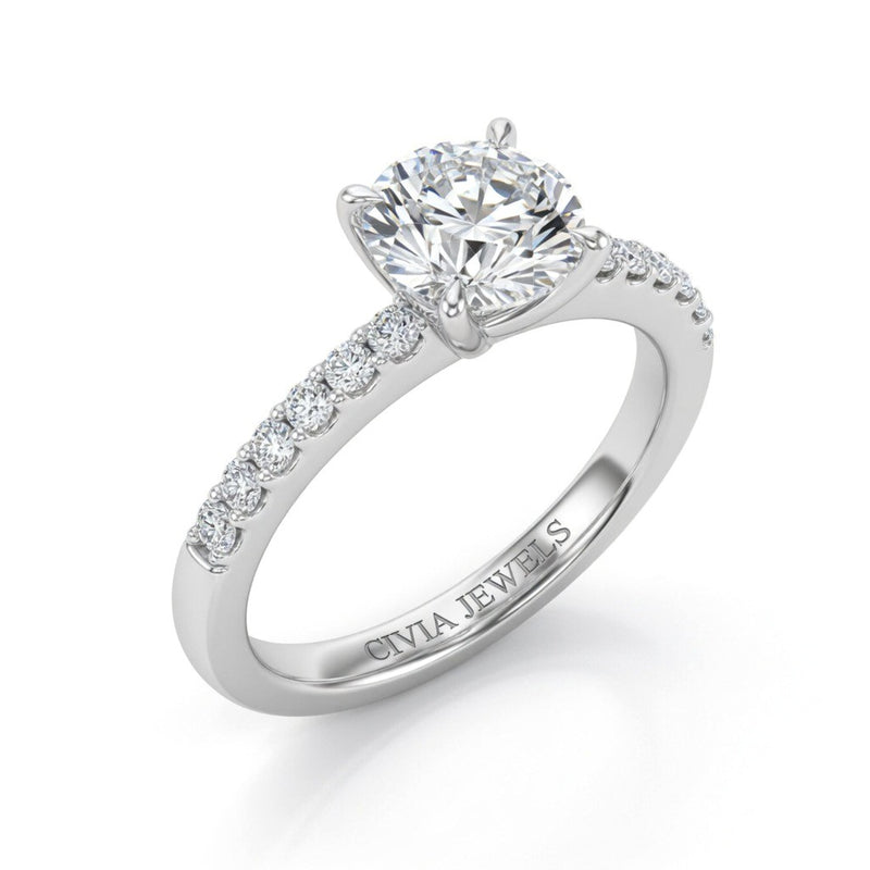 White Gold Round Diamond Solitaire Engagement Ring With Classic Pave Band
