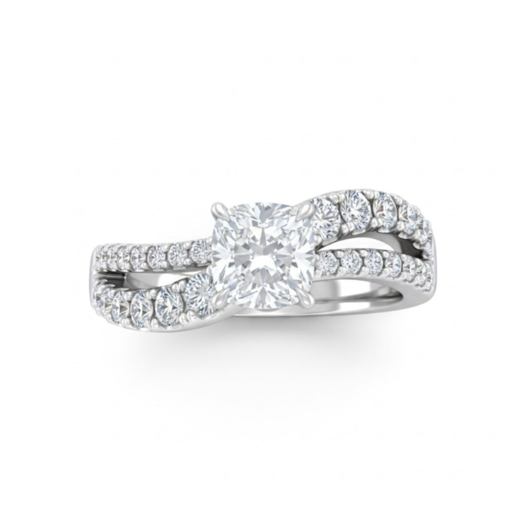 Silver Cushion Diamond Bypass Engagement Ring With Split Pave Twist Band