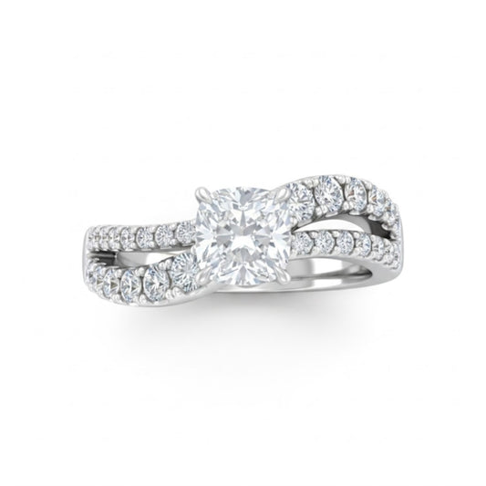 White Gold Cushion Diamond Bypass Engagement Ring With Split Pave Twist Band