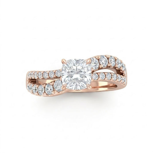 Rose Gold Cushion Diamond Bypass Engagement Ring With Split Pave Twist Band