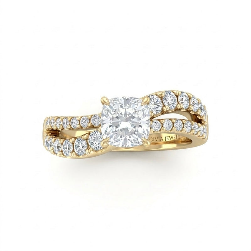Yellow Gold Cushion Diamond Bypass Engagement Ring With Split Pave Twist Band