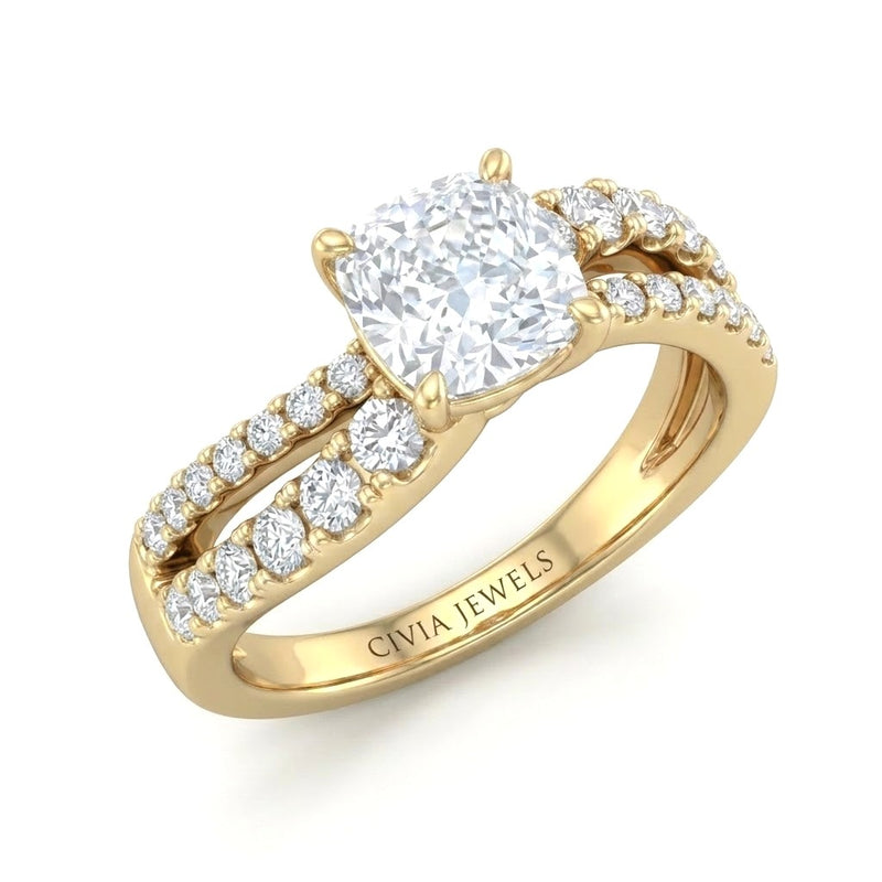 Yellow Gold Cushion Diamond Bypass Engagement Ring With Split Pave Twist Band