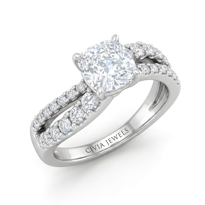 White Gold Cushion Diamond Bypass Engagement Ring With Split Pave Twist Band