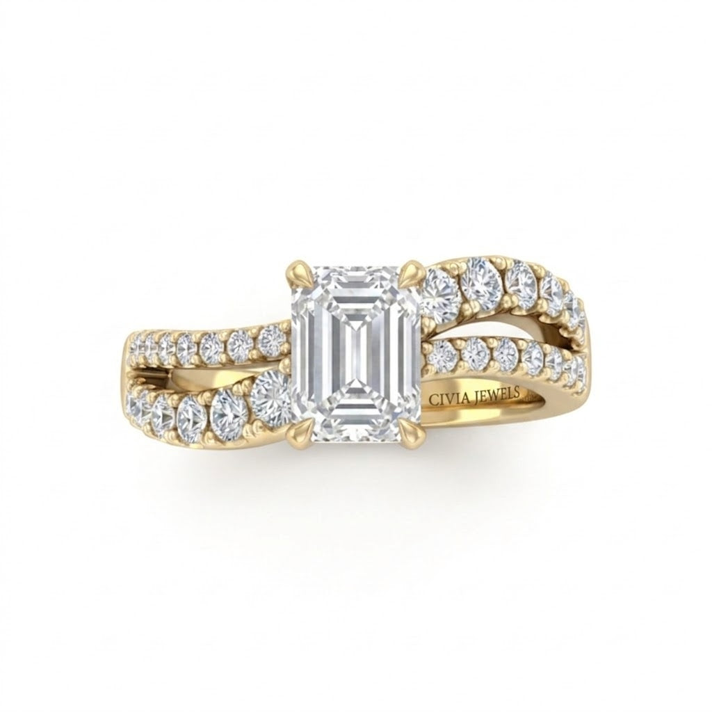 Yellow Gold Emerald Diamond Bypass Engagement Ring With Split Pave Twist Band