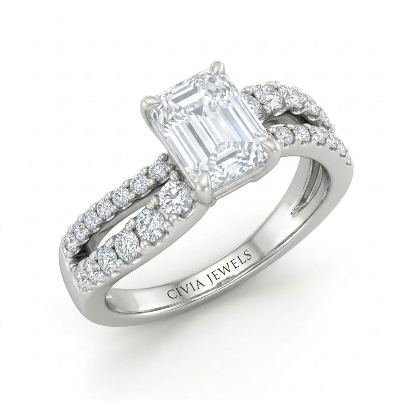 Silver Emerald Diamond Bypass Engagement Ring With Split Pave Twist Band