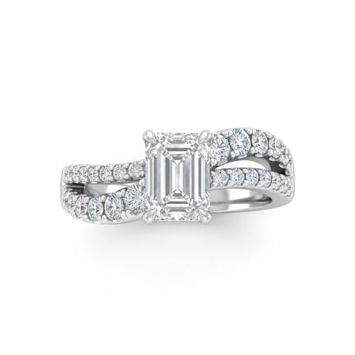 Silver Emerald Diamond Bypass Engagement Ring With Split Pave Twist Band