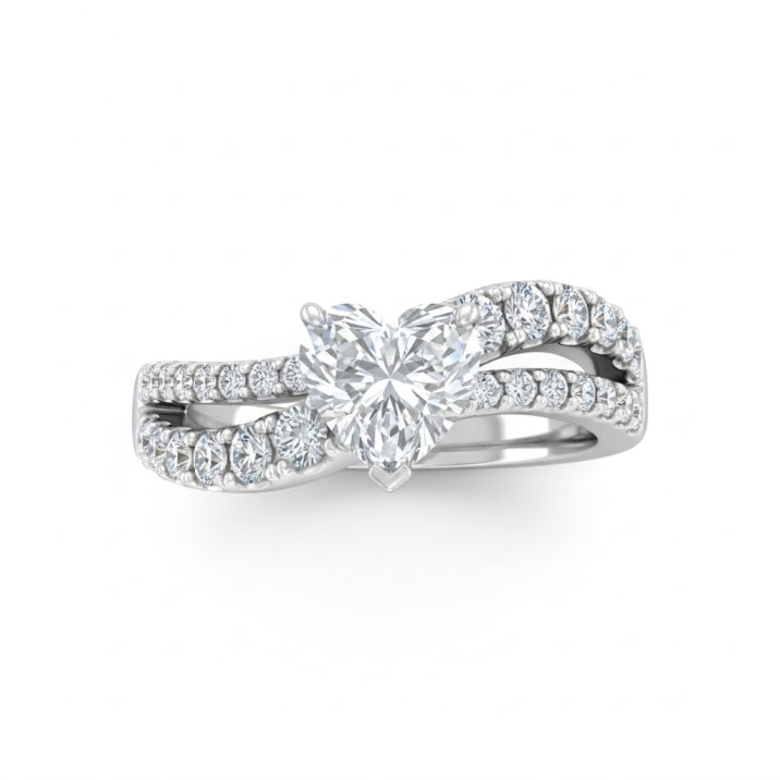 Silver Heart Diamond Bypass Engagement Ring With Split Pave Twist Band
