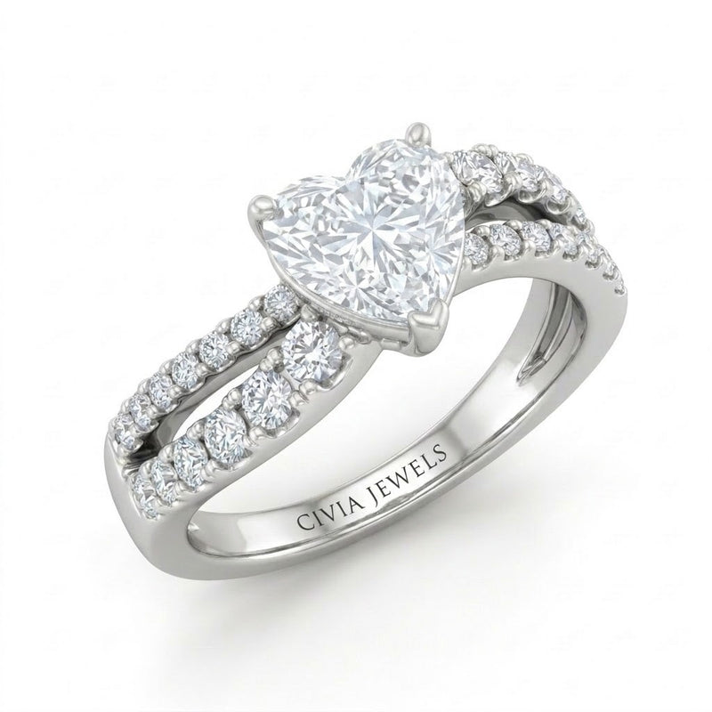 Silver Heart Diamond Bypass Engagement Ring With Split Pave Twist Band