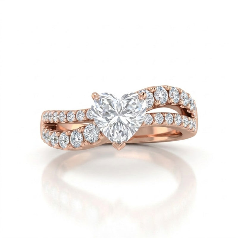 Rose Gold Heart Diamond Bypass Engagement Ring With Split Pave Twist Band