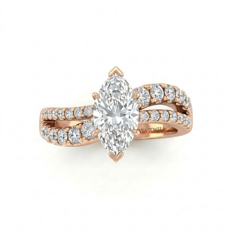 Rose Gold Marquise Diamond Bypass Engagement Ring With Split Pave Twist Band