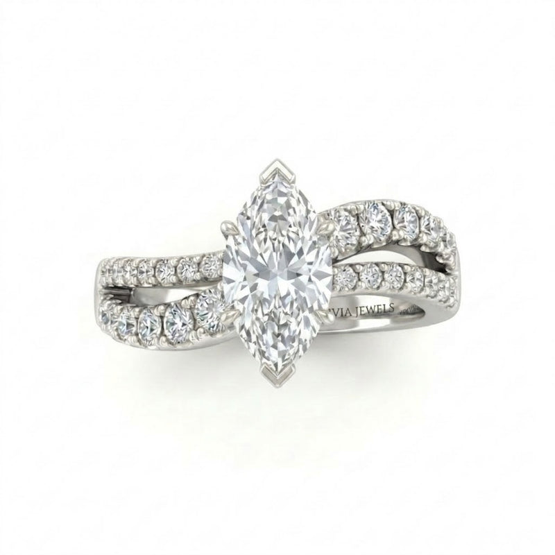White Gold Marquise Diamond Bypass Engagement Ring With Split Pave Twist Band