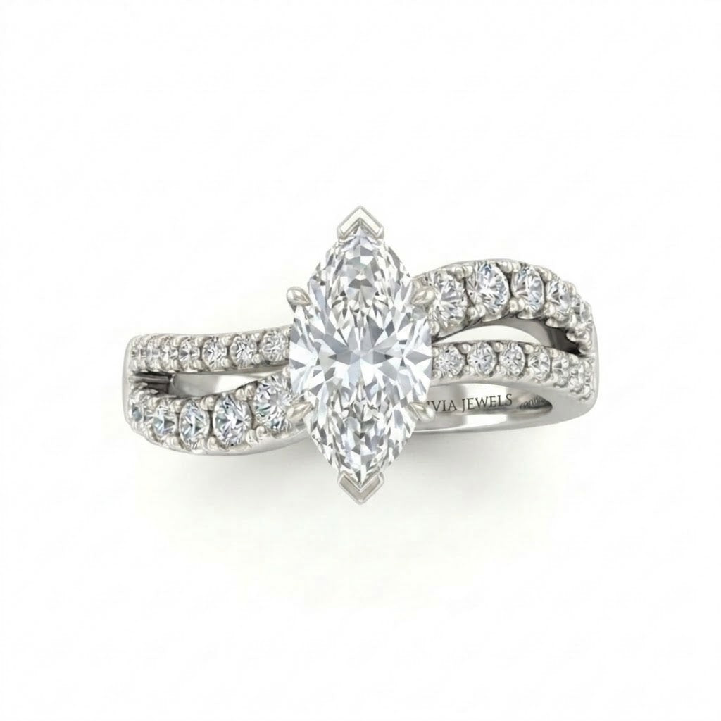 White Gold Marquise Diamond Bypass Engagement Ring With Split Pave Twist Band