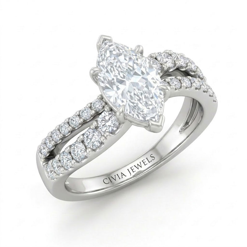 White Gold Marquise Diamond Bypass Engagement Ring With Split Pave Twist Band