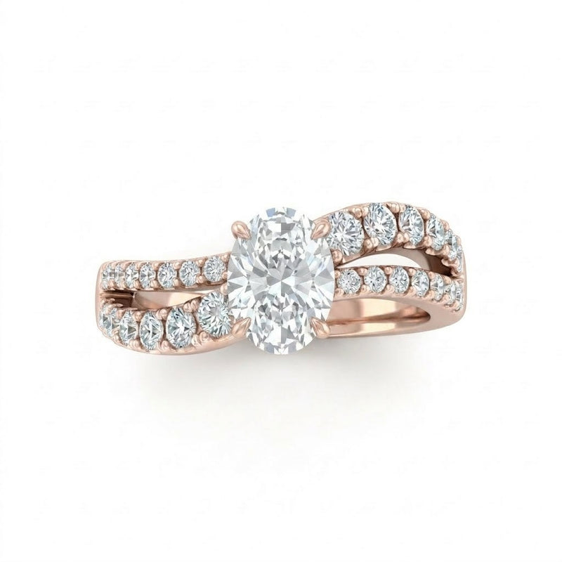 Rose Gold Oval Diamond Bypass Engagement Ring With Split Pave Twist Band