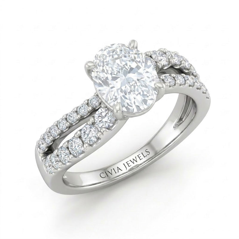 White Gold Oval Diamond Bypass Engagement Ring With Split Pave Twist Band