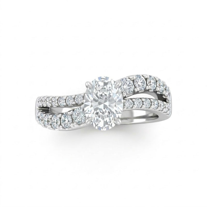 White Gold Oval Diamond Bypass Engagement Ring With Split Pave Twist Band