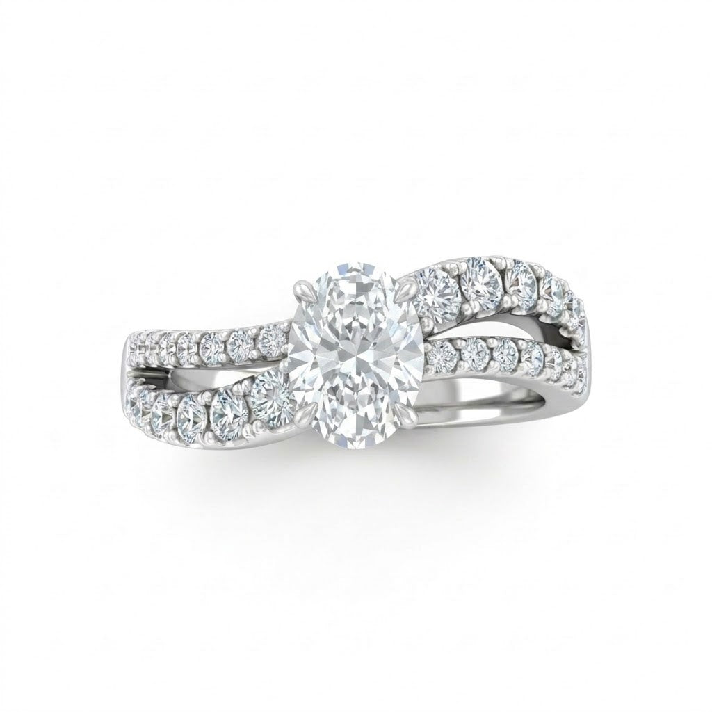 White Gold Oval Diamond Bypass Engagement Ring With Split Pave Twist Band