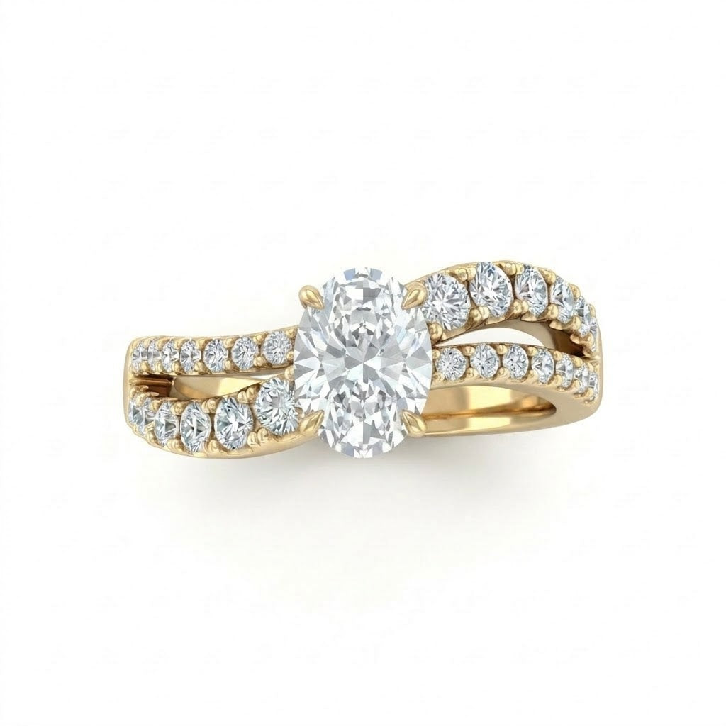 Yellow Gold Oval Diamond Bypass Engagement Ring With Split Pave Twist Band
