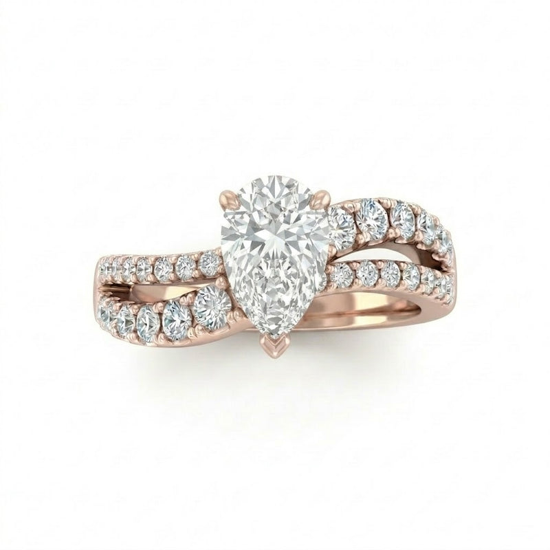 Rose Gold Pear Diamond Bypass Engagement Ring With Split Pave Twist Band