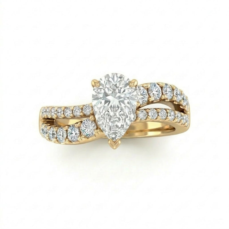 Yellow Gold Pear Diamond Bypass Engagement Ring With Split Pave Twist Band