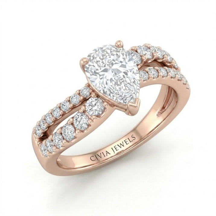 Rose Gold Pear Diamond Bypass Engagement Ring With Split Pave Twist Band