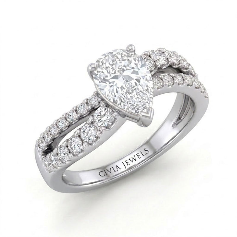 Silver Pear Diamond Bypass Engagement Ring With Split Pave Twist Band