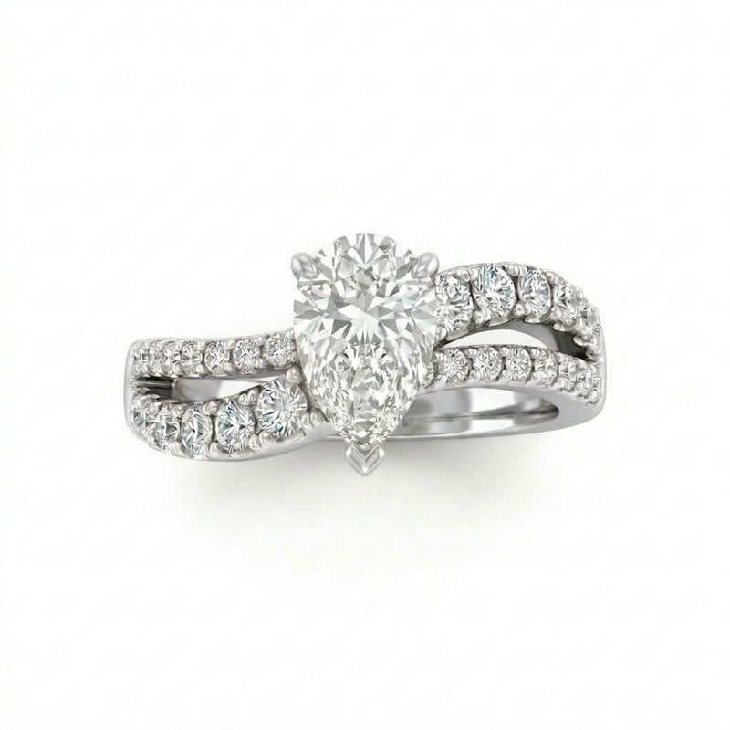 Silver Pear Diamond Bypass Engagement Ring With Split Pave Twist Band